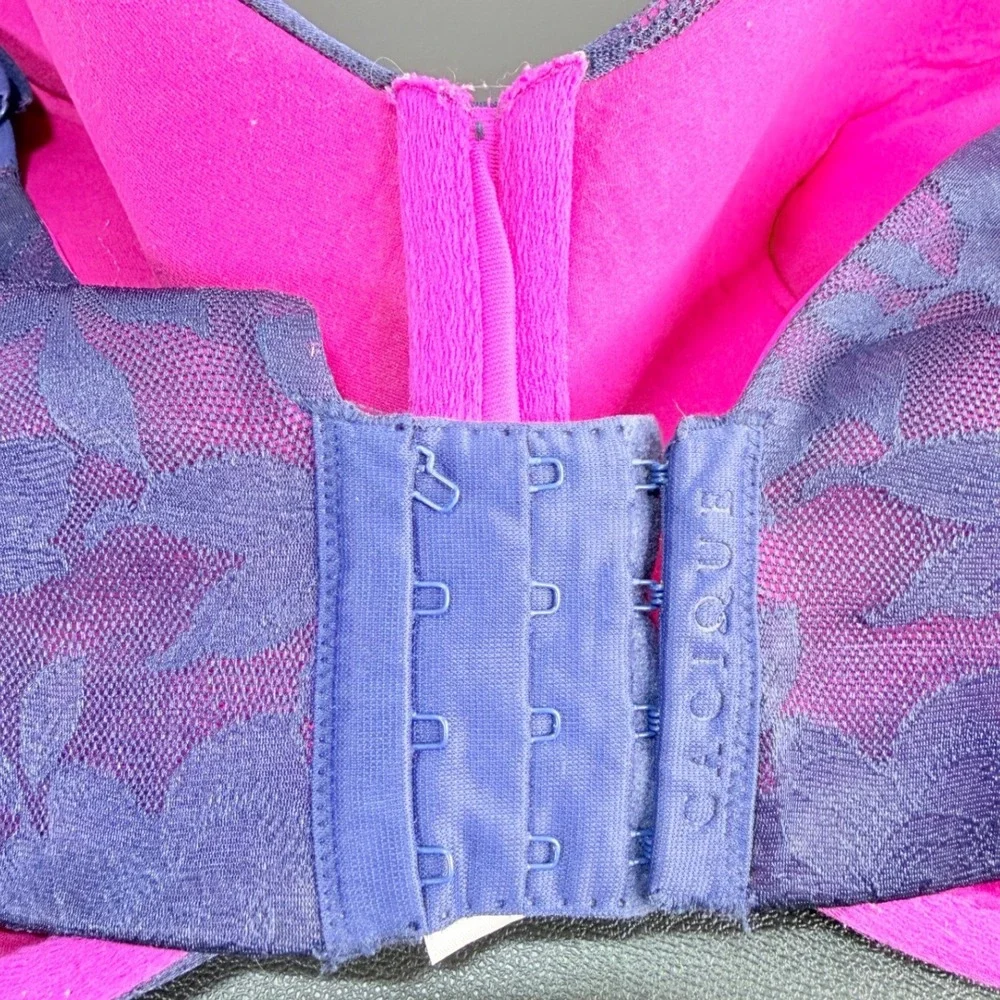 Cacique Underwire Bra Womens 42H Pink Navy Lined Floral Lace Full Coverage